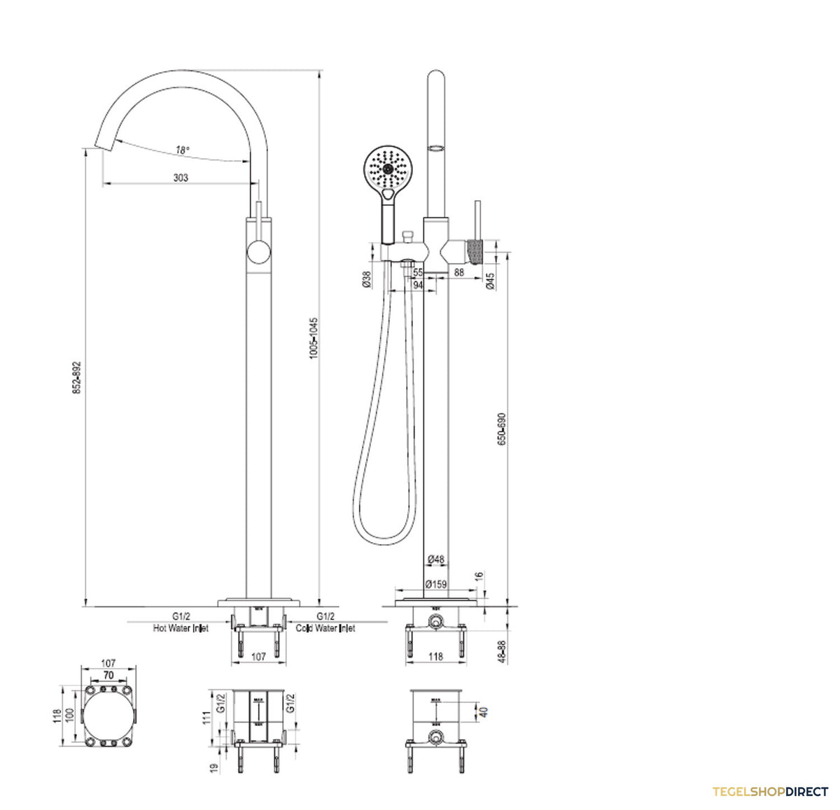 Badkraan Vrijstaand Brauer Chrome Carving met Handdouche 3-Standen Chroom – afbeelding 6