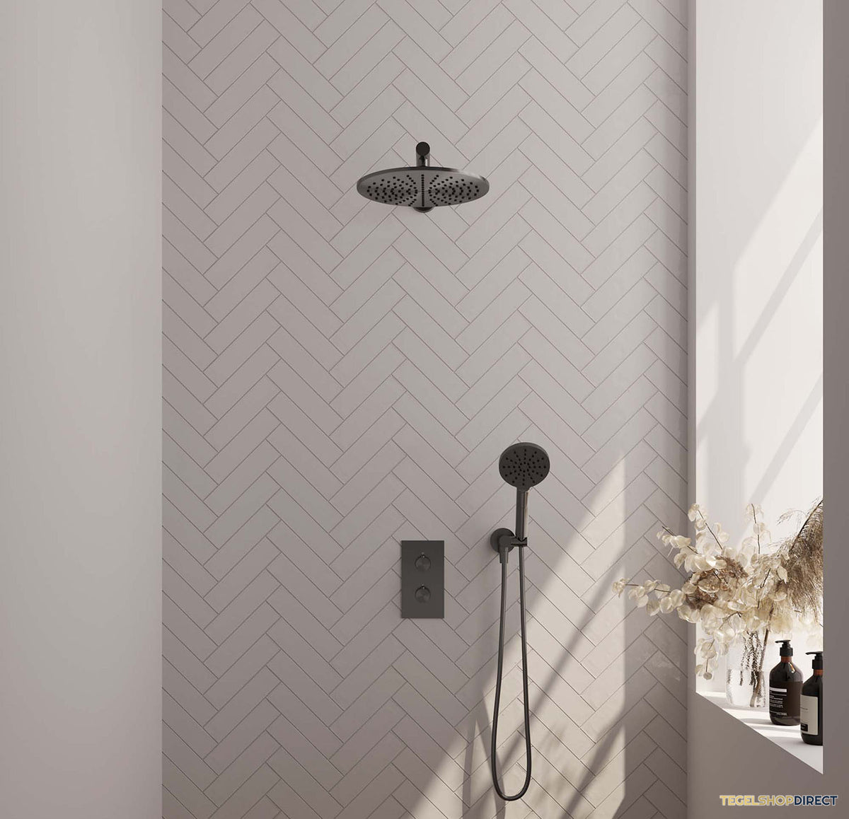 Regendoucheset Inbouw Brauer Gunmetal Edition Thermostatisch 30cm met 3-Weg Omstelling, Wandarm en 3-Standen Handdouche Geborsteld Gunmetal
