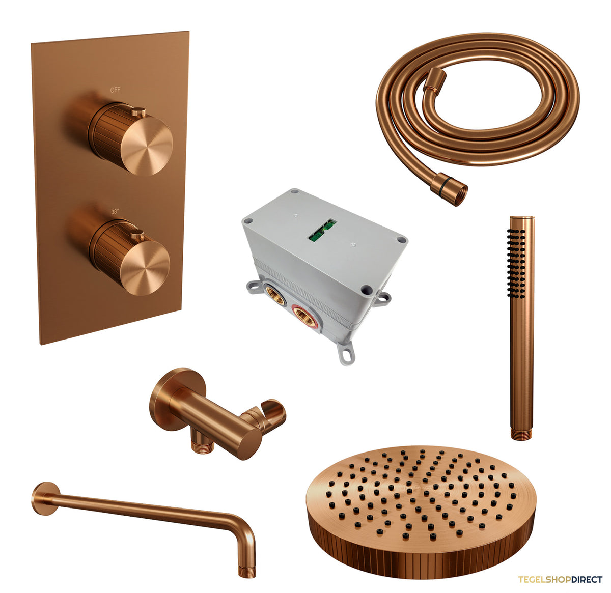 Brauer Stripe thermostatische inbouw regendouche 3-weg rechthoekig SET 14 met 25 cm douchekop en gebogen muurarm en staaf handdouche en doucheslang en wandaansluitbocht koper geborsteld PVD – afbeelding 3