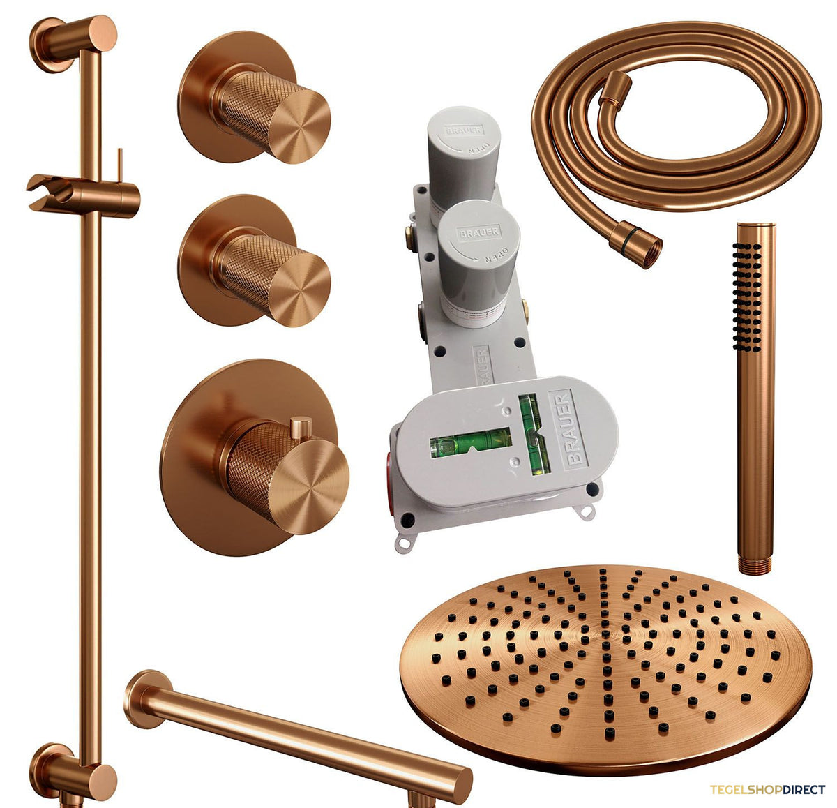 Regendoucheset Inbouw Brauer Copper Carving Thermostatisch 30cm met Wandarm, Glijstang en Handdouche Staaf Losse Stopkranen Geborsteld Koper – afbeelding 3