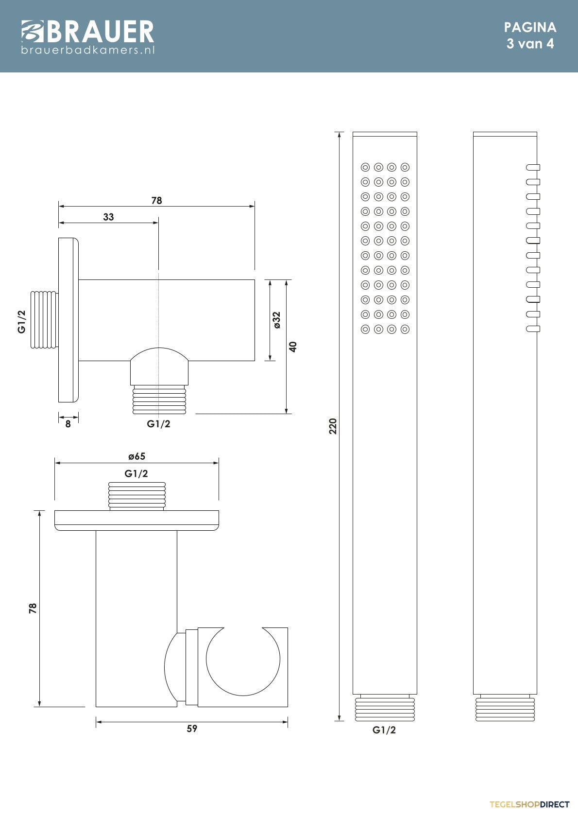 Brauer Stripe thermostatische inbouw regendouche 3-weg rond SET 39 met 25 cm douchekop en plafondarm en staaf handdouche en doucheslang en wandaansluitbocht goud geborsteld PVD – afbeelding 11