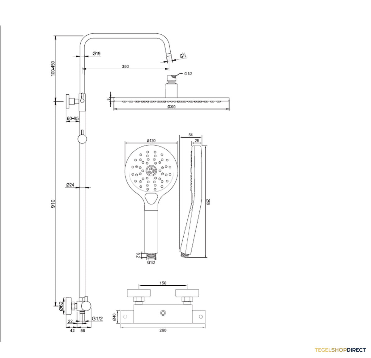 Regendouche Brauer Copper Showerpipe Met Thermostaat 30cm 3 Standen Koper – afbeelding 6