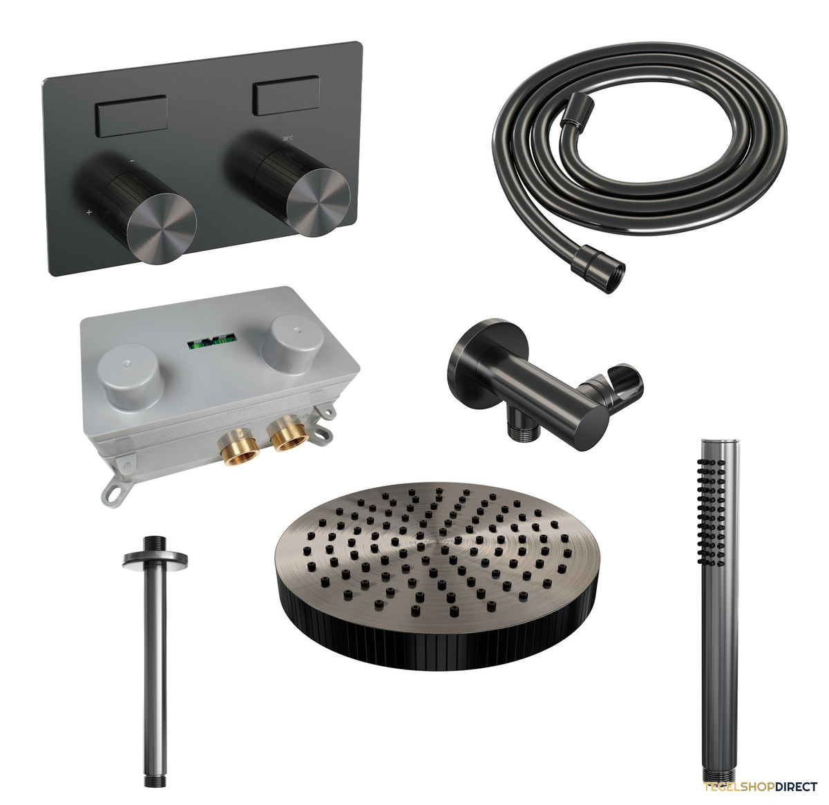 Brauer Stripe thermostatische inbouw regendouche met drukknoppen SET 27 met 25 cm douchekop en plafondarm en staaf handdouche en doucheslang en wandaansluitbocht gunmetal geborsteld PVD – afbeelding 3