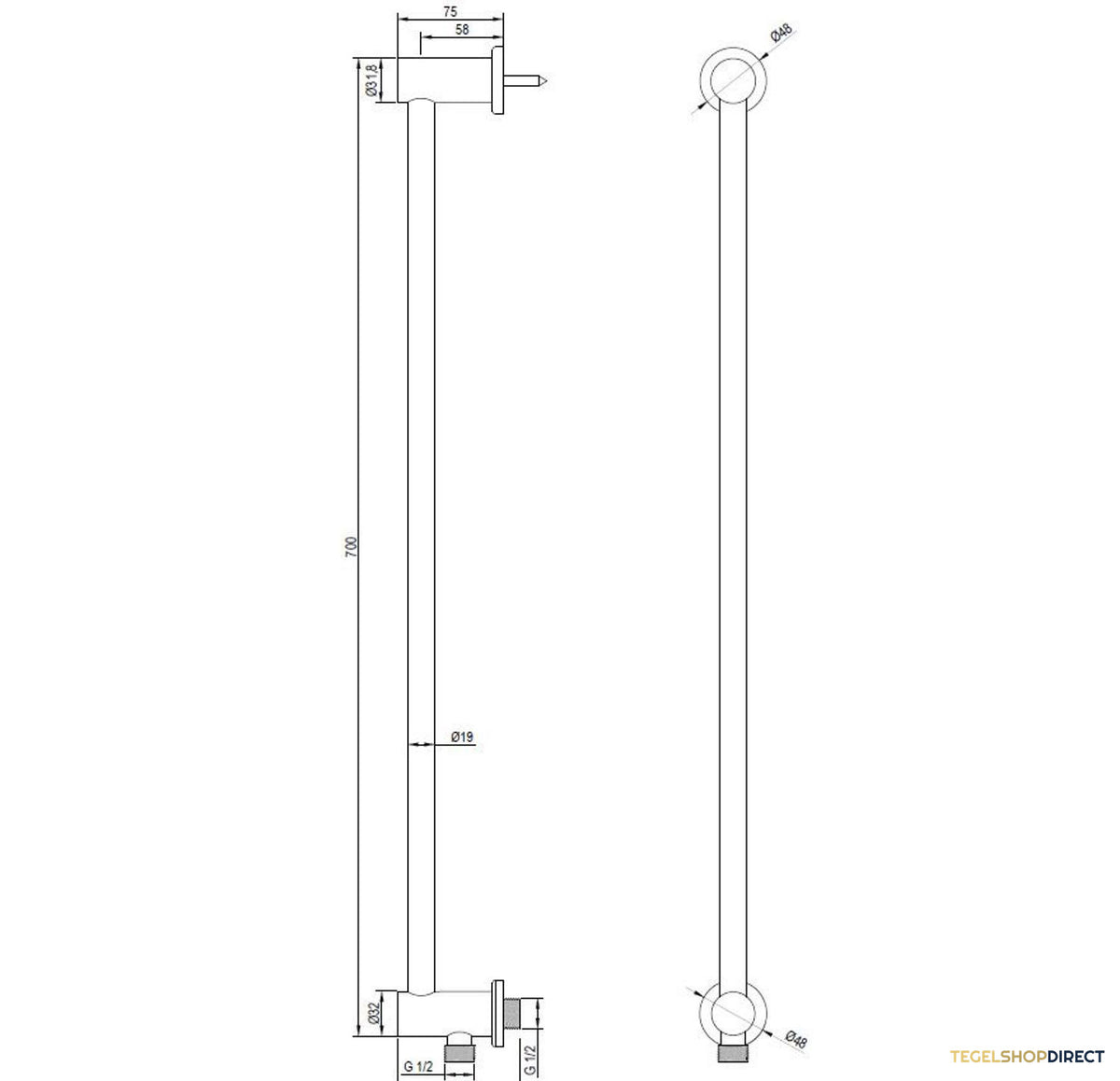 Glijstang Brauer Black 70 cm met Wandaansluitbocht Mat Zwart – afbeelding 2