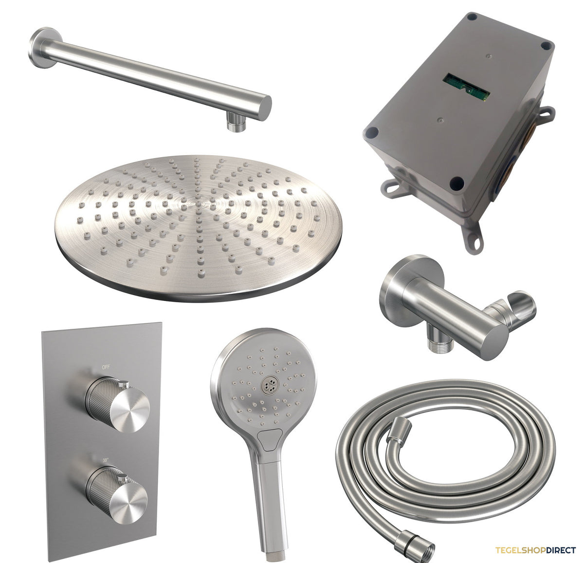 Regendoucheset Inbouw Brauer Brushed Carving Thermostatisch 30cm met 3-Weg Omstelling, Wandarm en 3-Standen Handdouche Geborsteld RVS – afbeelding 4