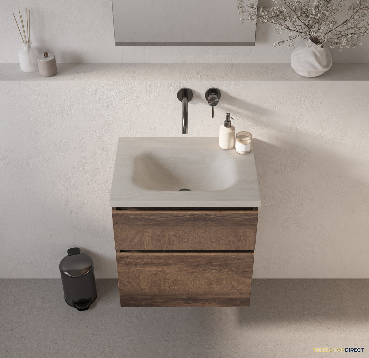 BRAUER Dune Medium wastafel 60 cm met 1 wasbak en 0 kraangaten sintered stone Ivory Travertin