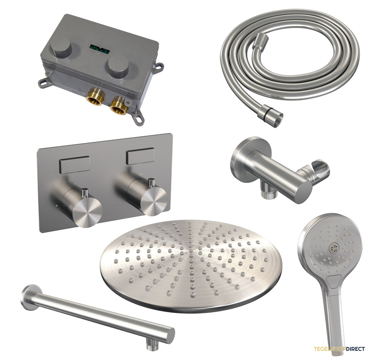 Thermostatische Inbouw Regendouche Brauer Brushed Edition Met Drukknoppen SET 56 Met 30 Cm Douchekop En Rechte Muurarm En 3-Standen Handdouche En Doucheslang En Wandaansluitbocht RVS Geborsteld PVD – afbeelding 9