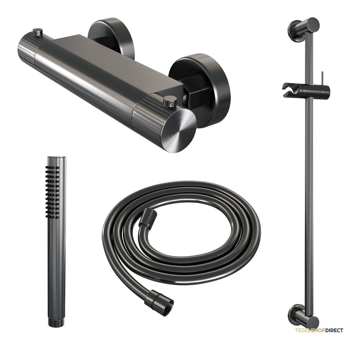 Brauer Stripe opbouw douche thermostaatkraan SET 01 met glijstang en staaf handdouche en doucheslang gunmetal geborsteld PVD – afbeelding 3