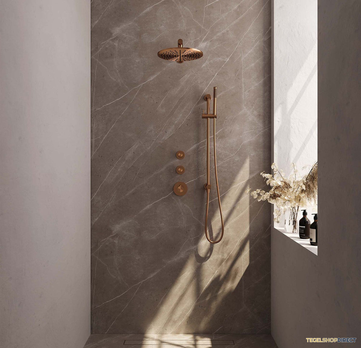 Regendoucheset Inbouw Brauer Copper Carving Thermostatisch 30cm met Wandarm, Glijstang en Handdouche Staaf Losse Stopkranen Geborsteld Koper – afbeelding 2