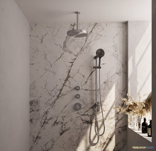 Brauer Stripe thermostatische inbouw regendouche SET 12 met 25 cm douchekop en plafondarm en 3-standen handdouche en doucheslang en geintegreerde glijstang RVS-kleurig geborsteld PVD