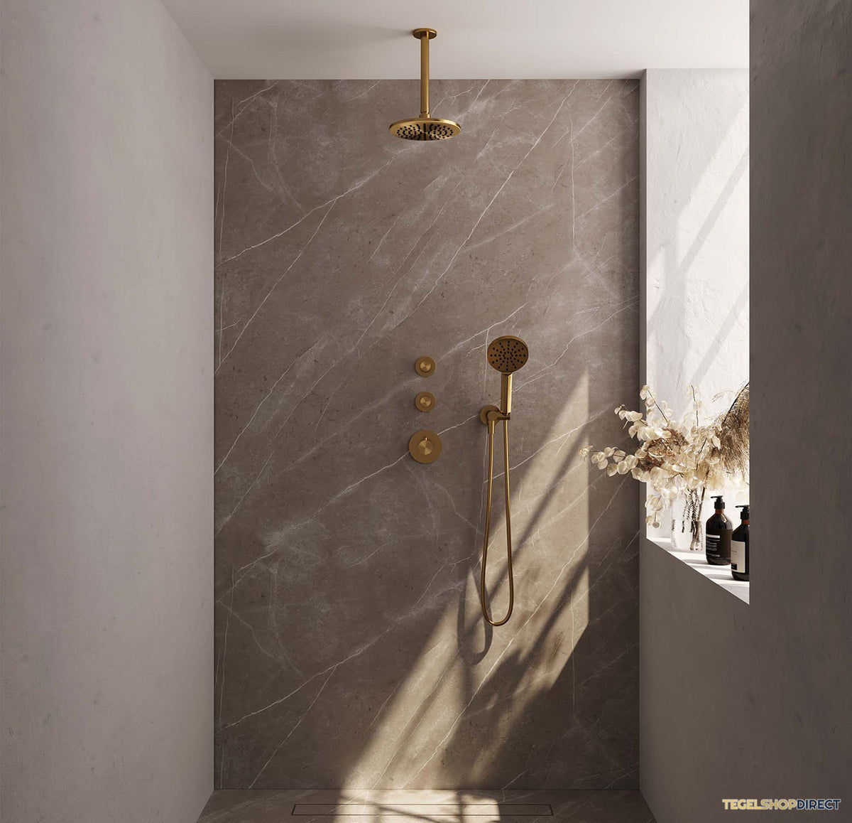 Regendoucheset Inbouw Brauer Gold Carving Thermostatisch 20cm met Plafondarm en Handdouche 3-Standen Losse Stopkranen Geborsteld Goud – afbeelding 2