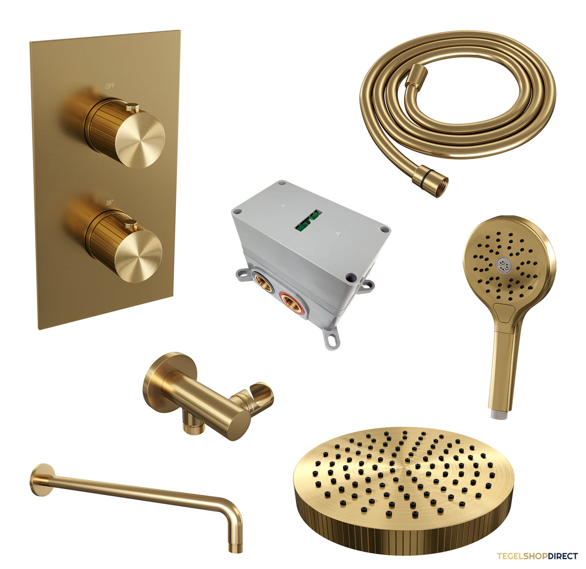Brauer Stripe thermostatische inbouw regendouche 3-weg rechthoekig SET 17 met 25 cm douchekop en gebogen muurarm en 3-standen handdouche en doucheslang en wandaansluitbocht goud geborsteld PVD – afbeelding 3