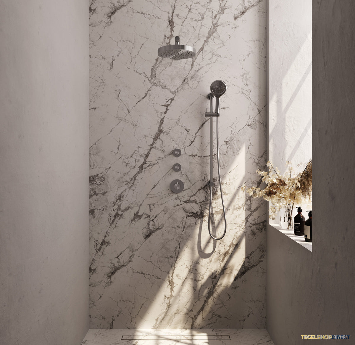 Brauer Stripe thermostatische inbouw regendouche SET 10 met 25 cm douchekop en rechte muurarm en 3-standen handdouche en doucheslang en geintegreerde glijstang RVS-kleurig geborsteld PVD – afbeelding 2