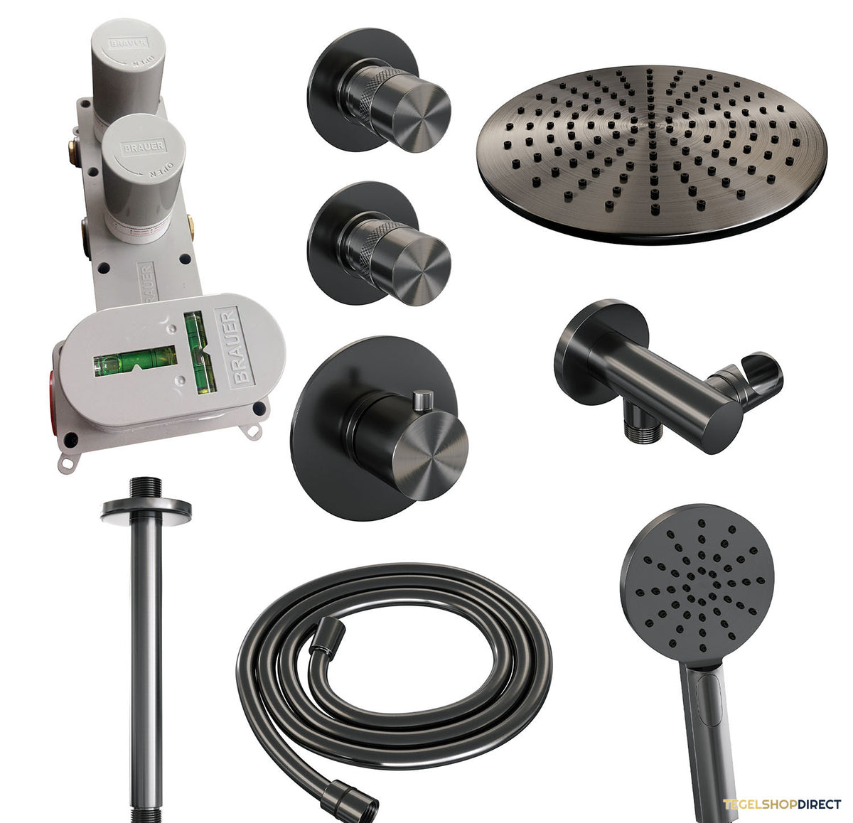 Regendoucheset Inbouw Brauer Gunmetal Edition Thermostatisch 30cm met Plafondarm en Handdouche 3-Standen Losse Stopkranen Geborsteld Gunmetal – afbeelding 3