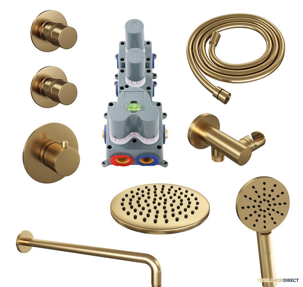 Regendoucheset Inbouw Brauer Gold Edition Thermostatisch 20cm met Gebogen Wandarm en Handdouche 3-Standen Losse Stopkranen Geborsteld Goud – afbeelding 2