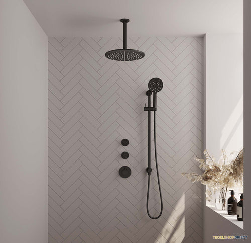 Regendoucheset Inbouw Brauer Black Carving Thermostatisch 30cm met Plafondarm, Glijstang en Handdouche 3-Standen Mat Zwart