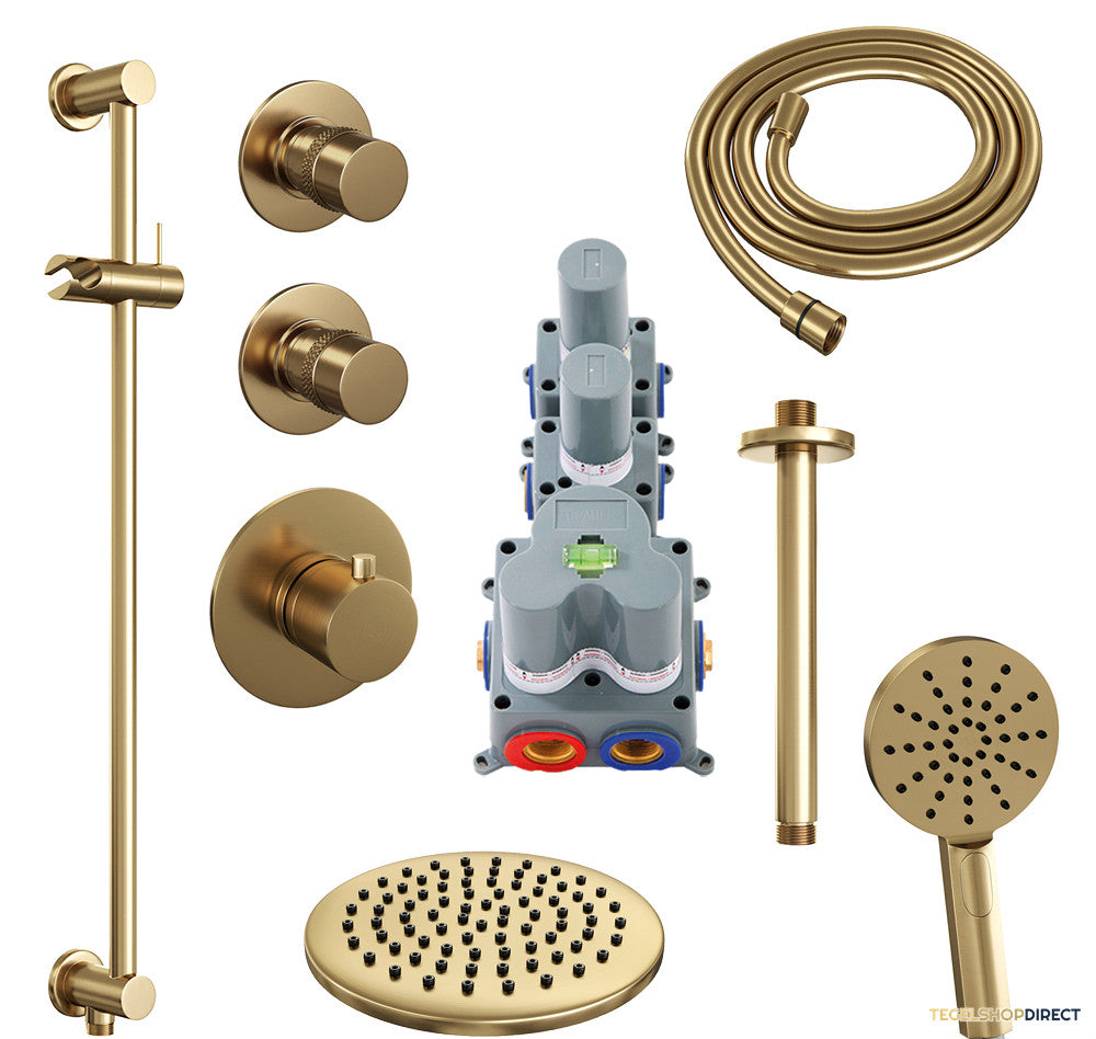 Regendoucheset Inbouw Brauer Gold Edition Thermostatisch 20cm met Plafondarm, Glijstang en Handdouche 3-Standen Losse Stopkranen Geborsteld Goud – afbeelding 2