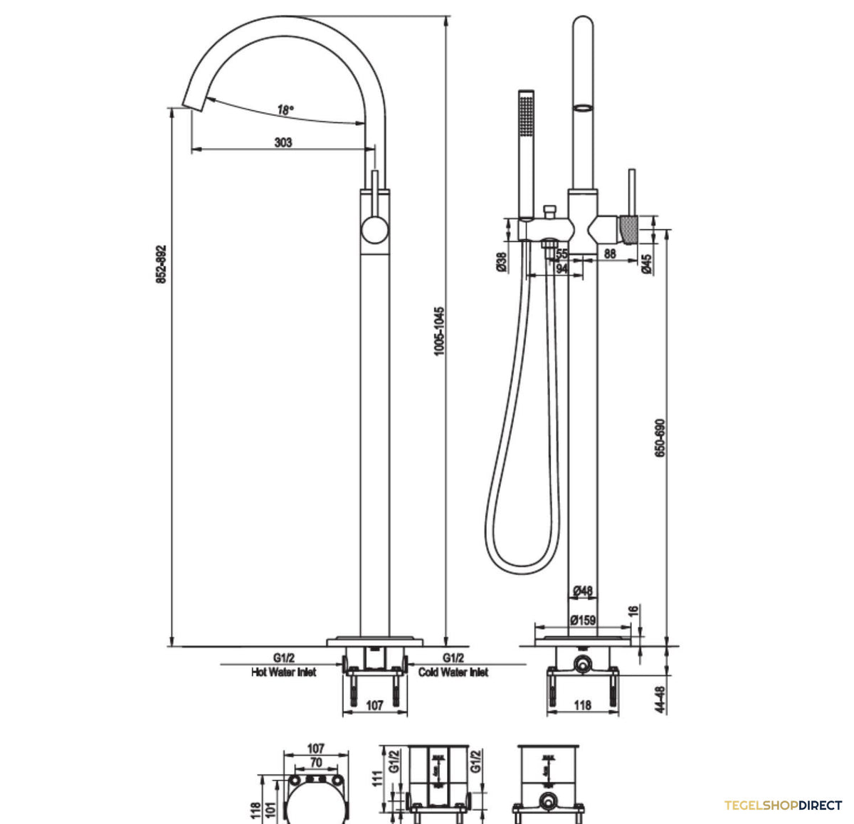Badkraan Vrijstaand Brauer Gunmetal Carving met Staaf Handdouche Geborsteld Gunmetal – afbeelding 6