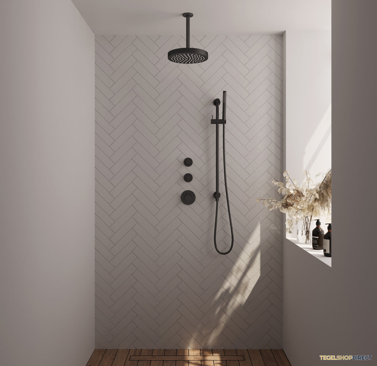 Brauer Stripe thermostatische inbouw regendouche SET 09 met 25 cm douchekop en plafondarm en staaf handdouche en doucheslang en geintegreerde glijstang mat zwart – afbeelding 2