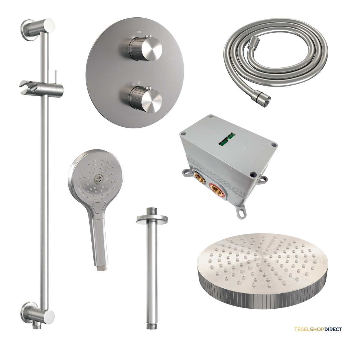 Brauer Stripe thermostatische inbouw regendouche 3-weg rond SET 48 met 25 cm douchekop en plafondarm en 3-standen handdouche en doucheslang en geintegreerde glijstang RVS-kleurig geborsteld PVD – afbeelding 3