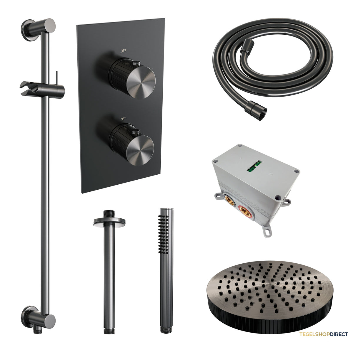 Brauer Stripe thermostatische inbouw regendouche 3-weg rechthoekig SET 21 met 25 cm douchekop en plafondarm en staaf handdouche en doucheslang en geintegreerde glijstang gunmetal geborsteld PVD – afbeelding 3