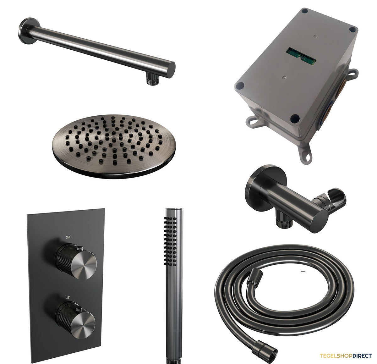 Regendoucheset Inbouw Brauer Gunmetal Carving Thermostatisch 20cm met 3-Weg Omstelling, Wandarm en Staaf Handdouche Geborsteld Gunmetal – afbeelding 4