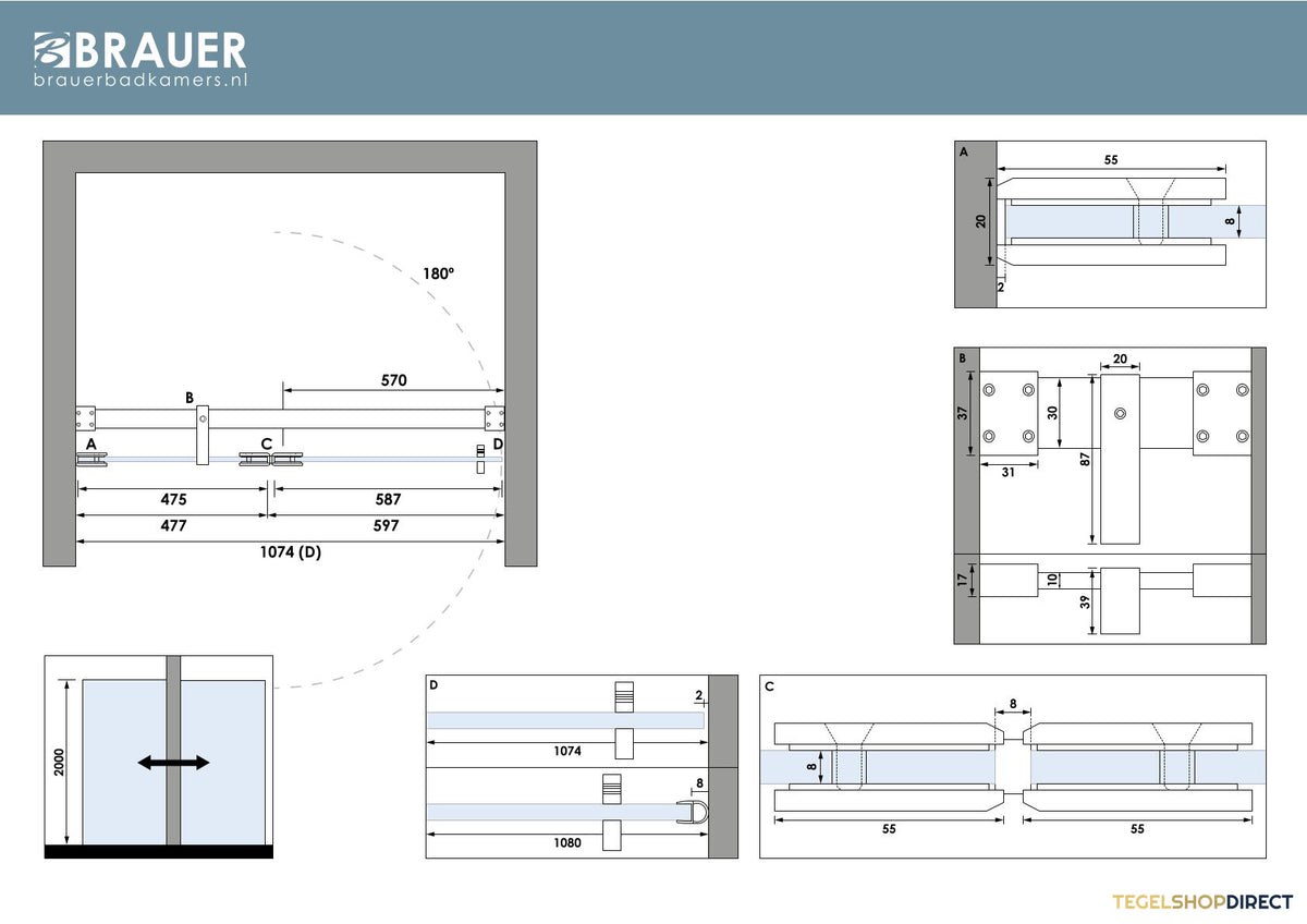 BRAUER Void nisdeur 2-delig helder glas 110x200 omkeerbaar met draaideur 60 aan glas incl. glascoating chroom – afbeelding 6