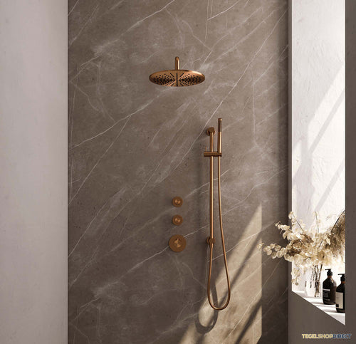 Regendoucheset Inbouw Brauer Copper Carving Thermostatisch 30cm met Gebogen Wandarm, Glijstang en Handdouche Staaf Losse Stopkranen Geborsteld Koper
