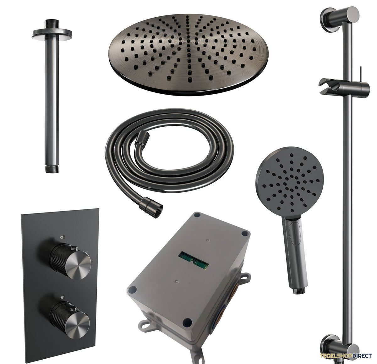 Regendoucheset Inbouw Brauer Gunmetal Carving Thermostatisch 30cm met 3-Weg Omstelling, Plafondarm, Glijstang en Handdouche 3-Standen Geborsteld Gunmetal – afbeelding 4