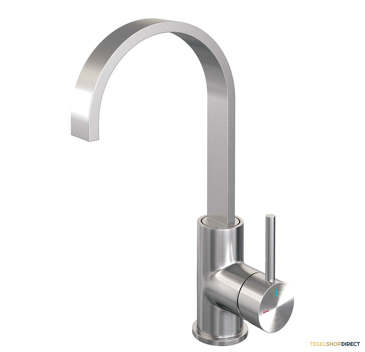 Wastafelmengkraan Brauer Brushed Edition Coldstart Opbouw Hoog Plat Gebogen Ronde Hendel Geborsteld RVS PVD