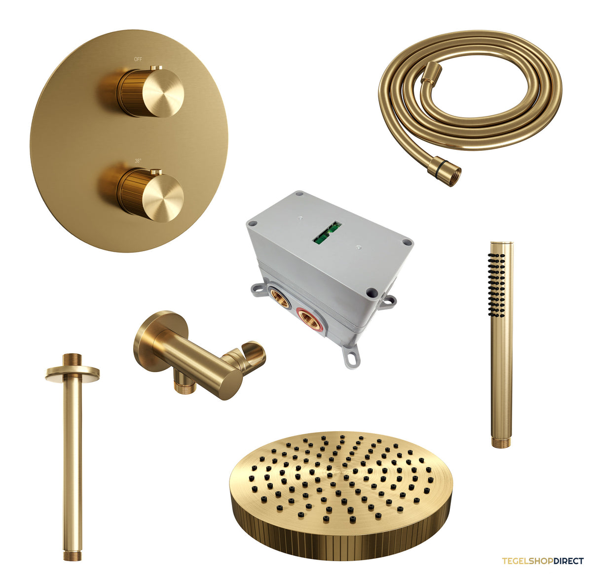 Brauer Stripe thermostatische inbouw regendouche 3-weg rond SET 39 met 25 cm douchekop en plafondarm en staaf handdouche en doucheslang en wandaansluitbocht goud geborsteld PVD – afbeelding 3