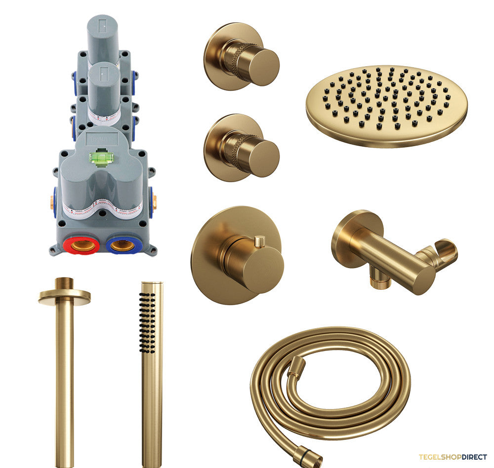 Regendoucheset Inbouw Brauer Gold Edition Thermostatisch 20cm met Plafondarm en Handdouche Staaf Losse Stopkranen Geborsteld Goud – afbeelding 2