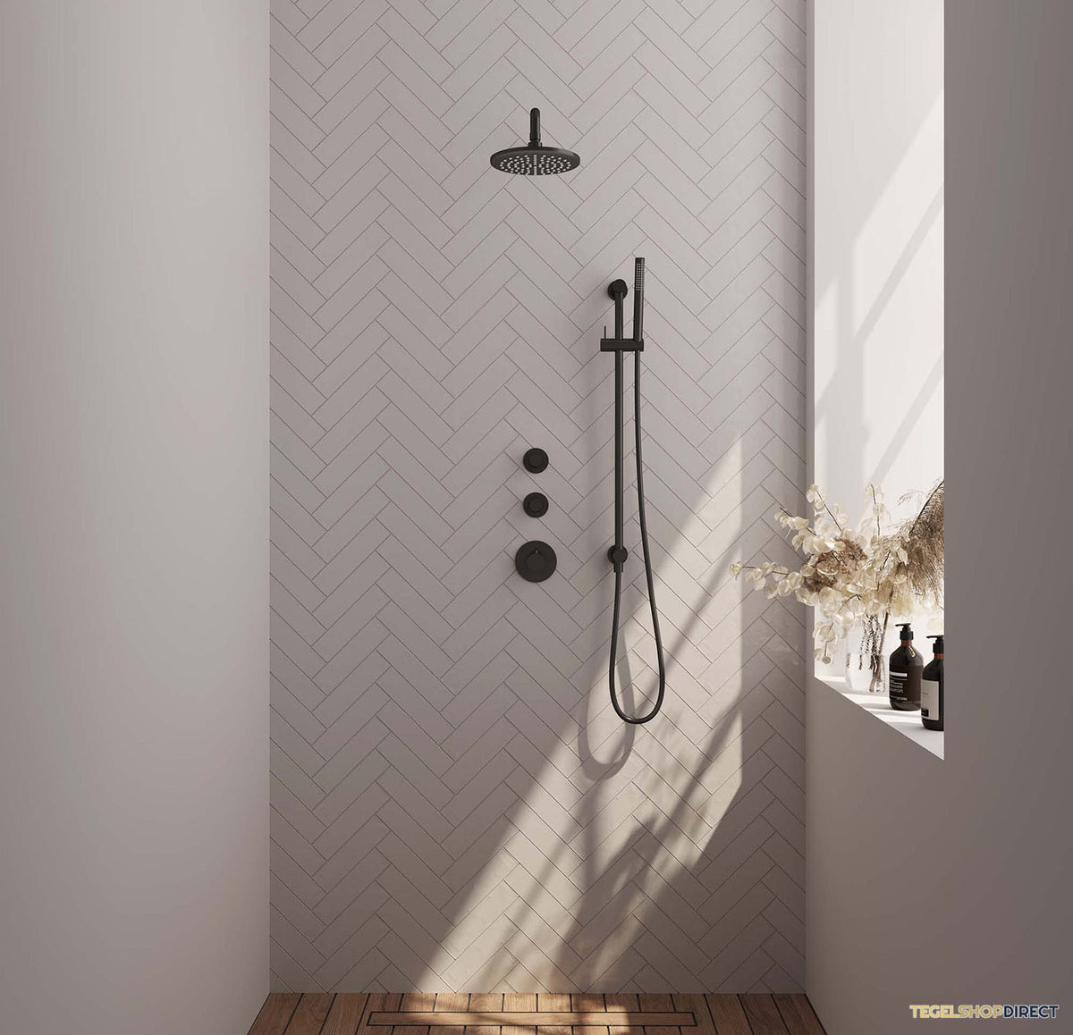 Inbouw Regendouche Set Brauer Black Edition Gebogen Wanduitloop Ronde Hoofddouche 20 cm Met Twee Stopkranen en Glijstang Mat Zwart