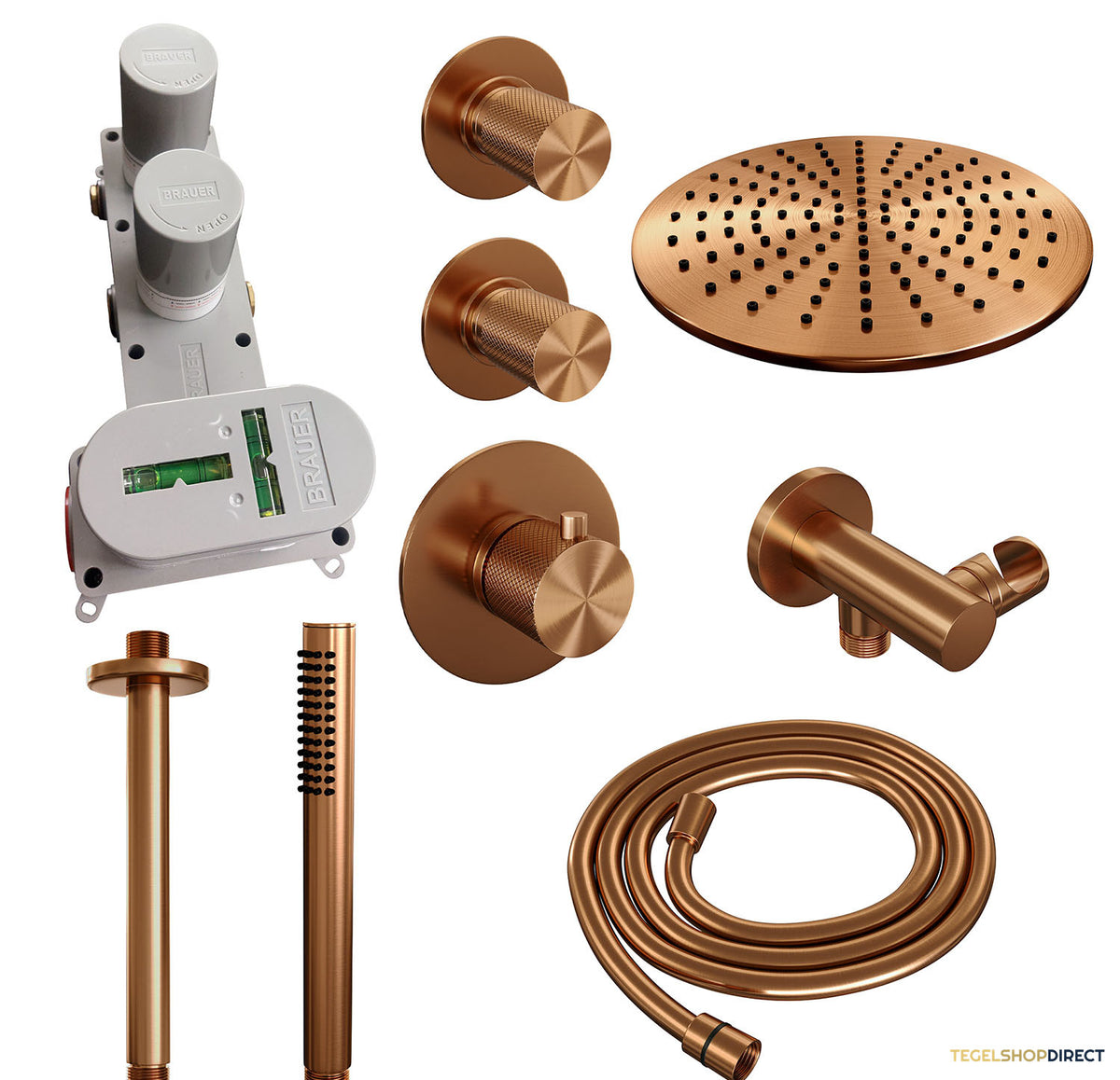 Regendoucheset Inbouw Brauer Copper Carving Thermostatisch 30cm met Plafondarm en Handdouche Staaf Losse Stopkranen Geborsteld Koper – afbeelding 3