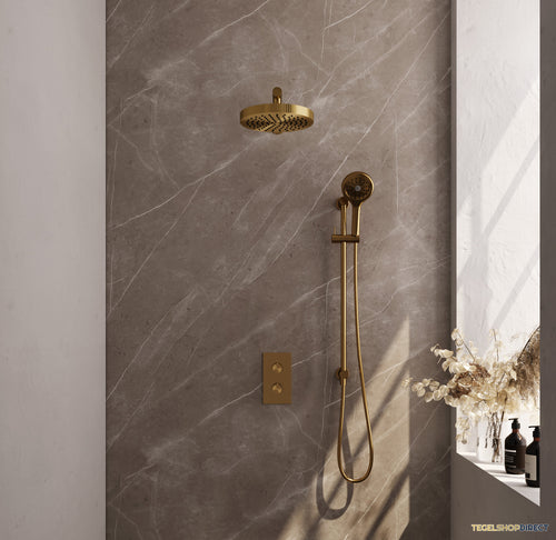 Brauer Stripe thermostatische inbouw regendouche 3-weg rechthoekig SET 22 met 25 cm douchekop en rechte muurarm en 3-standen handdouche en doucheslang en geintegreerde glijstang goud geborsteld PVD