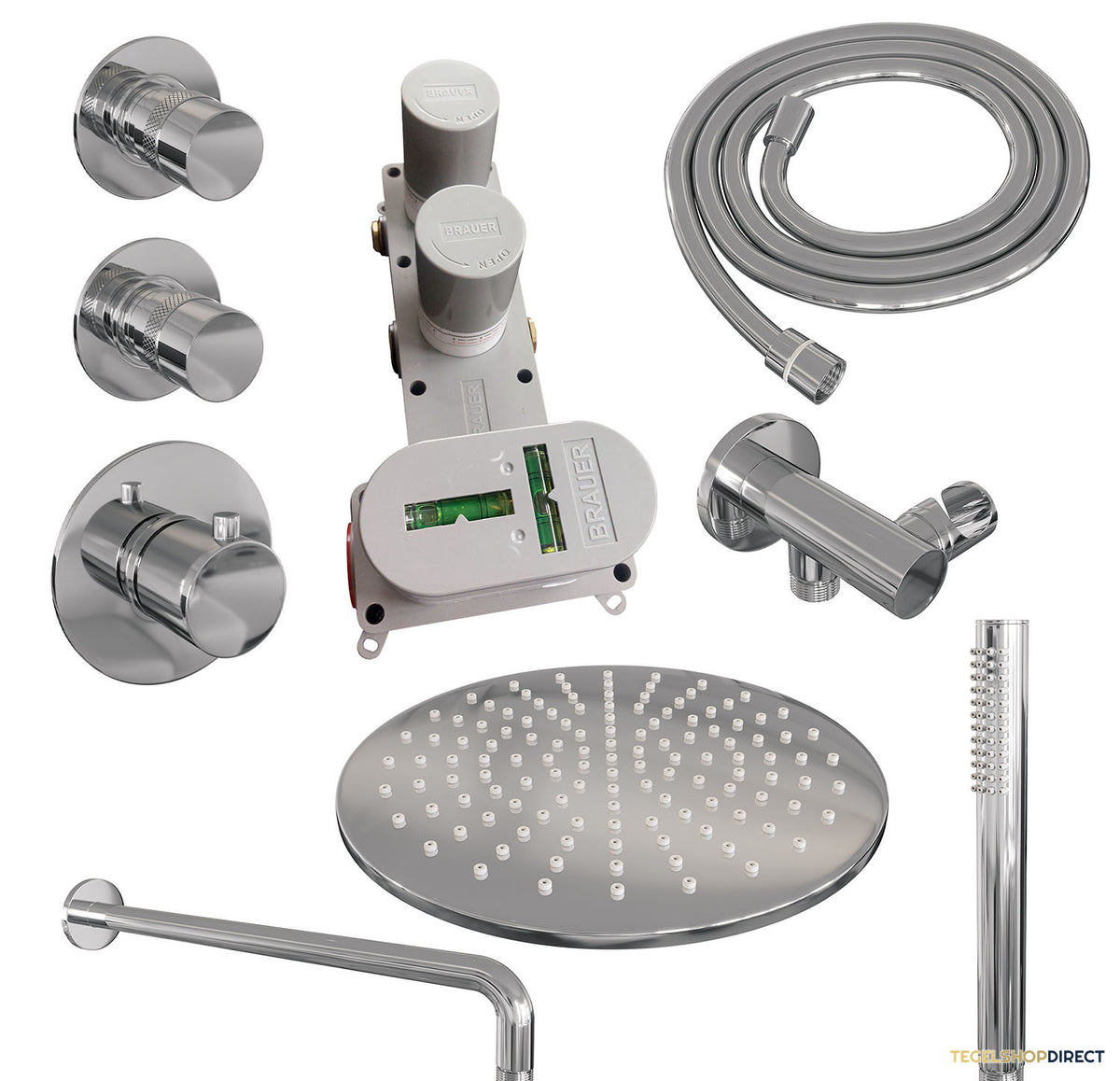 Regendoucheset Inbouw Brauer Chrome Edition Thermostatisch 30cm met Gebogen Wandarm en Handdouche Staaf Losse Stopkranen Chroom – afbeelding 2
