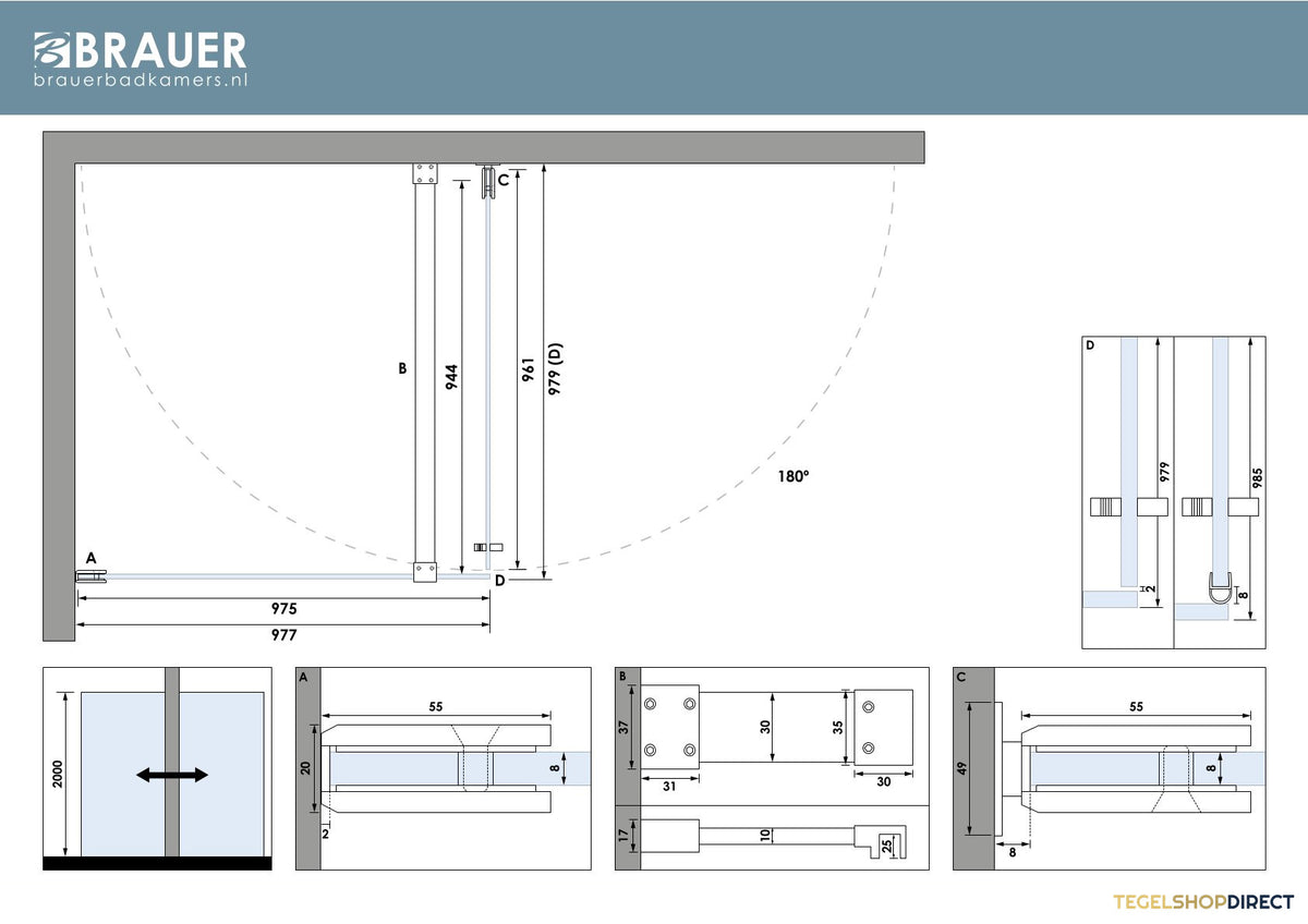 BRAUER Void douchecabine met draaideur helder glas 100x100x200 incl. glascoating mat zwart – afbeelding 7
