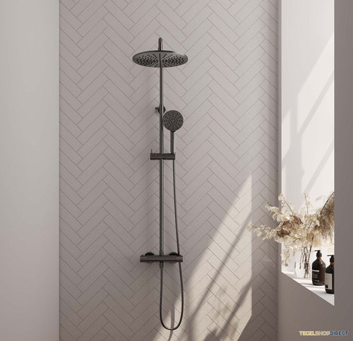Regendoucheset Opbouw Brauer Gunmetal Carving 30 cm Thermostatisch met Handdouche 3-Standen Geborsteld Gunmetal