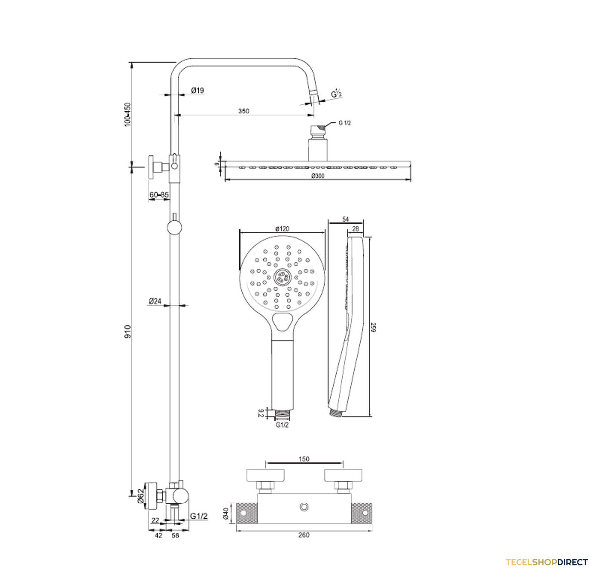 Regendoucheset Opbouw Brauer Brushed Carving 30 cm Thermostatisch met Handdouche 3-Standen Geborsteld RVS – afbeelding 8
