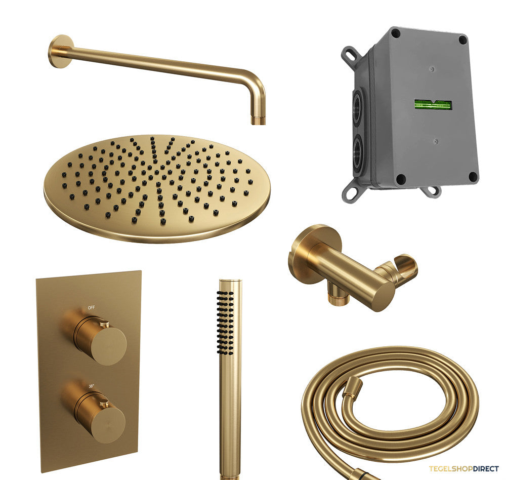 Regendoucheset Inbouw Brauer Gold Edition Thermostatisch 30cm met 3-Weg Omstelling, Gebogen Wandarm en Staaf Handdouche Geborsteld Goud – afbeelding 2