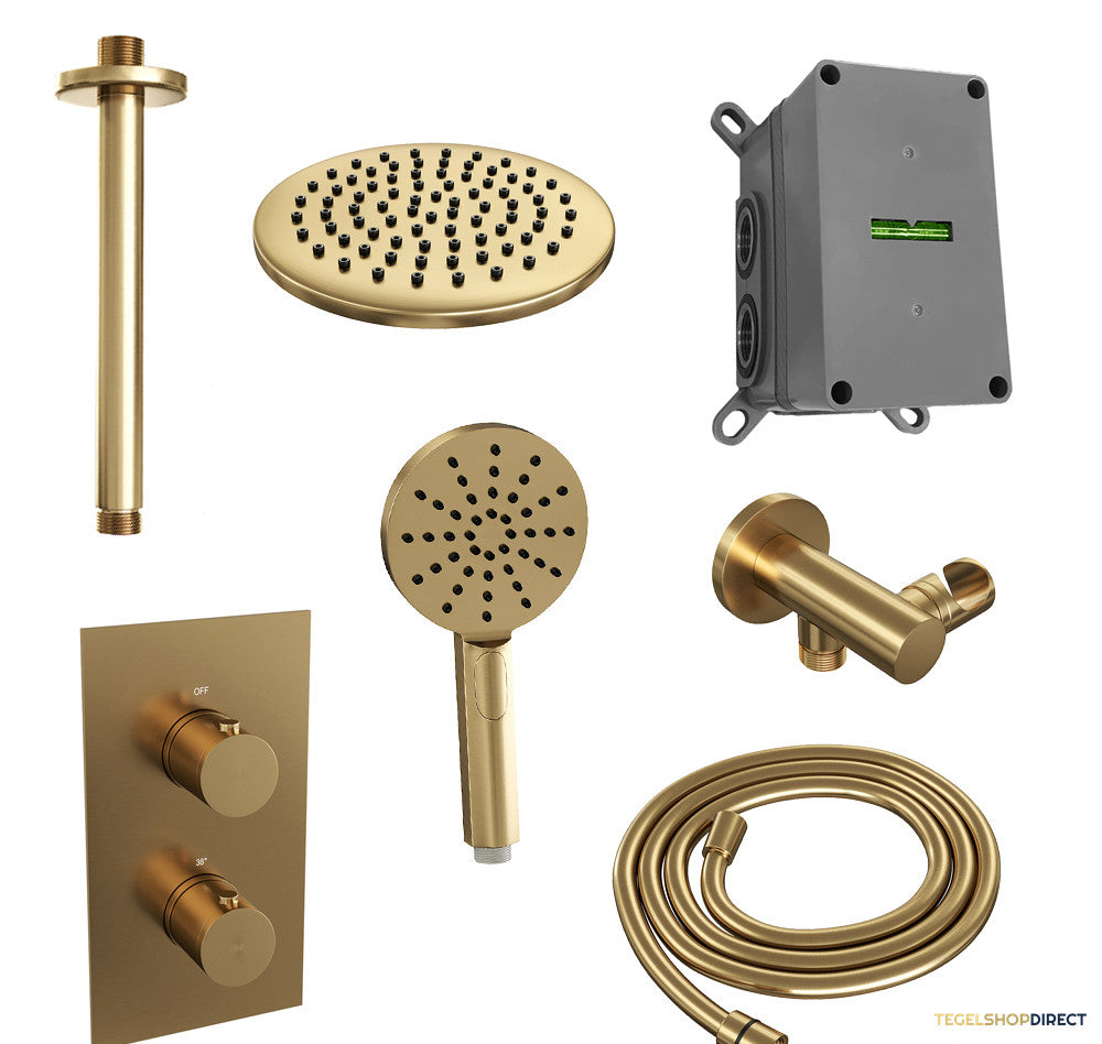 Regendoucheset Inbouw Brauer Gold Edition Thermostatisch 20cm met 3-Weg Omstelling, Plafondarm en 3-Standen Handdouche Geborsteld Goud – afbeelding 2