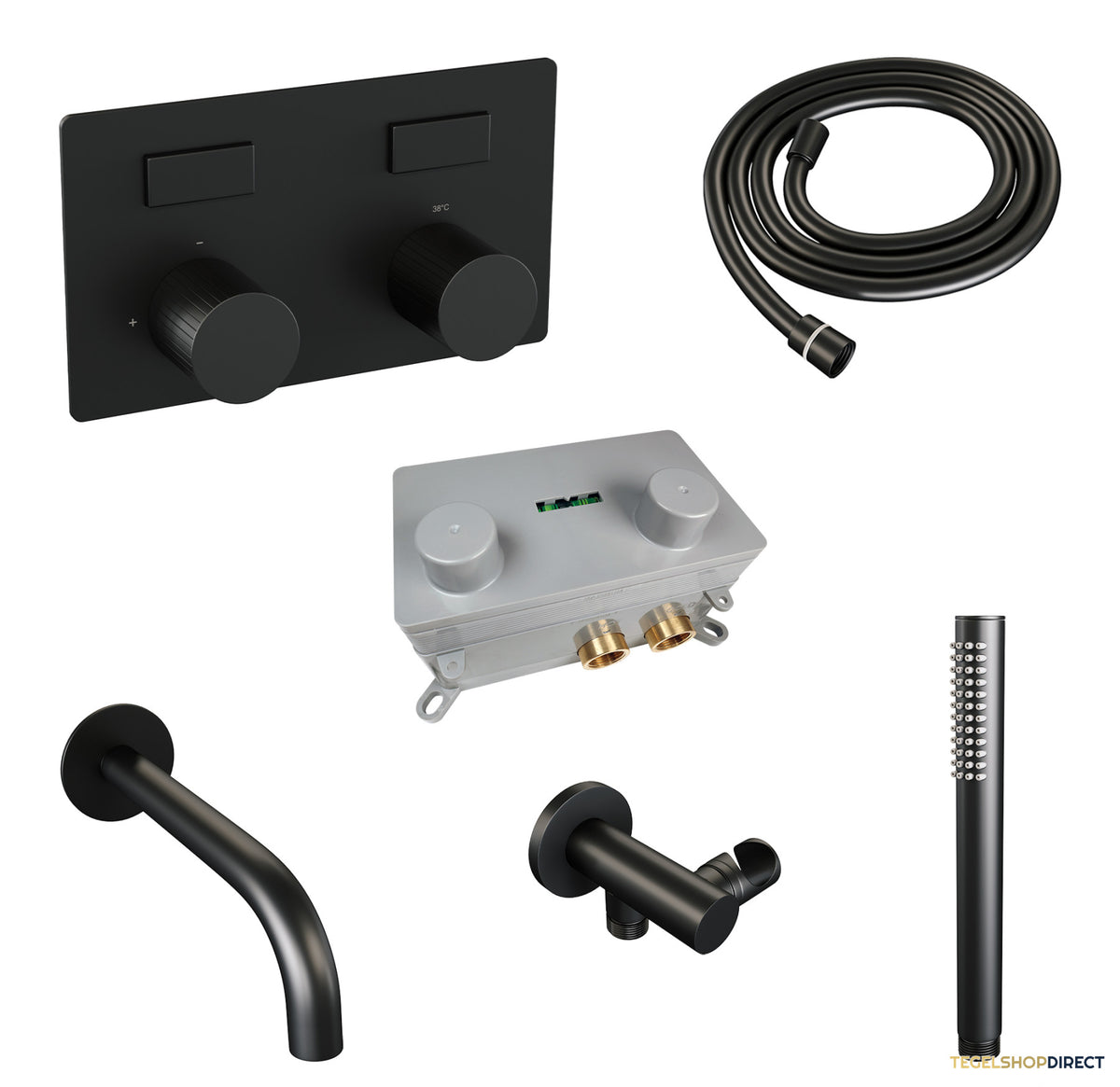 Brauer Stripe thermostatische inbouw badkraan met drukknoppen SET 03 met uitloop en staaf handdouche en doucheslang en wandaansluitbocht mat zwart – afbeelding 2