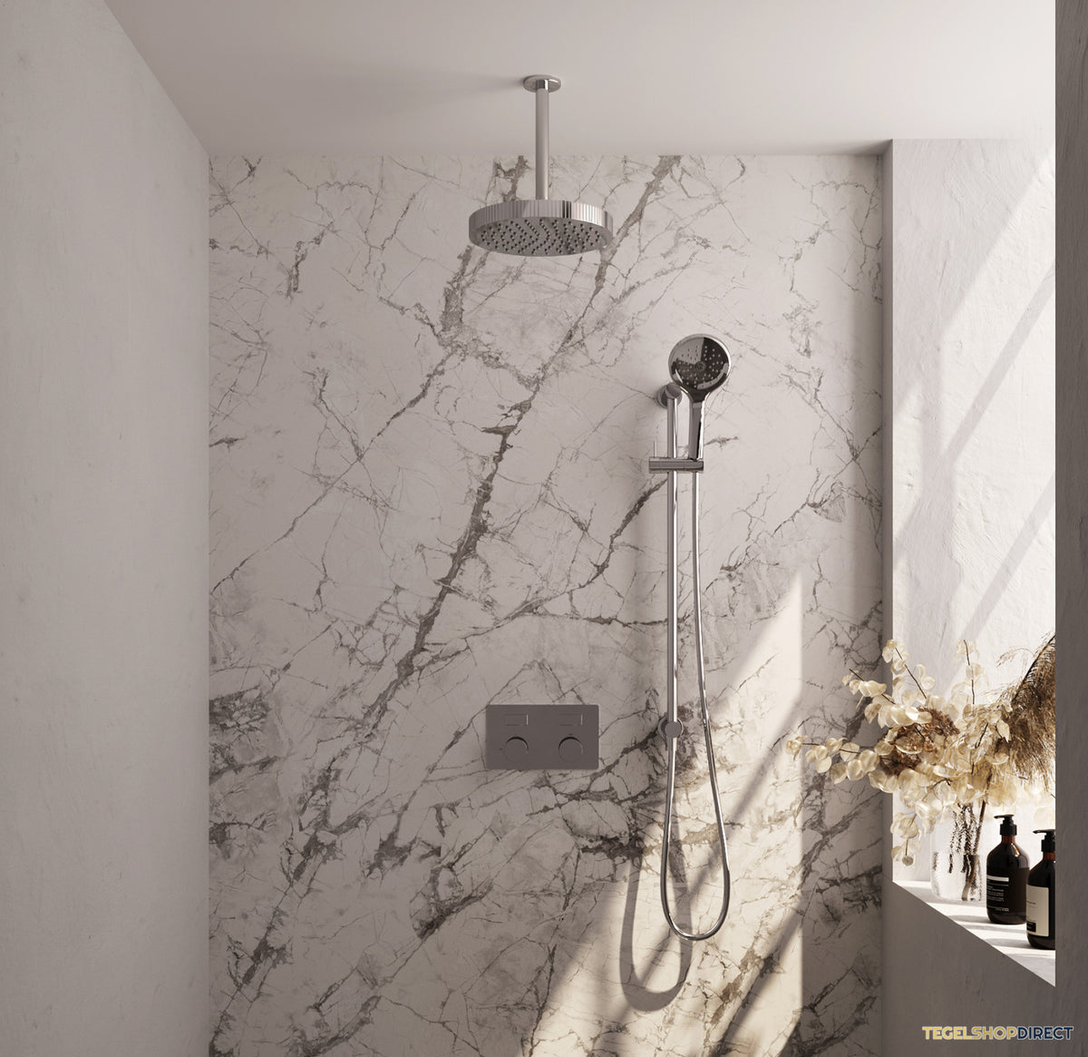 Brauer Stripe thermostatische inbouw regendouche met drukknoppen SET 36 met 25 cm douchekop en plafondarm en 3-standen handdouche en doucheslang en geintegreerde glijstang chroom