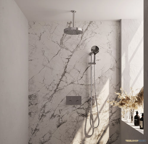 Brauer Stripe thermostatische inbouw regendouche met drukknoppen SET 36 met 25 cm douchekop en plafondarm en 3-standen handdouche en doucheslang en geintegreerde glijstang chroom