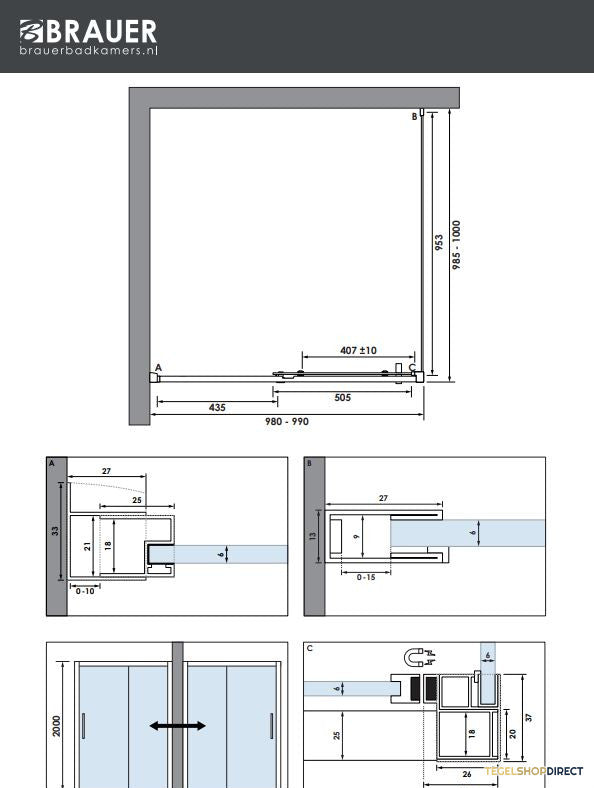 BRAUER Season douchecabine model B met schuifdeur helder glas 100x100x200 omkeerbaar incl. glascoating Season-Koper – afbeelding 4