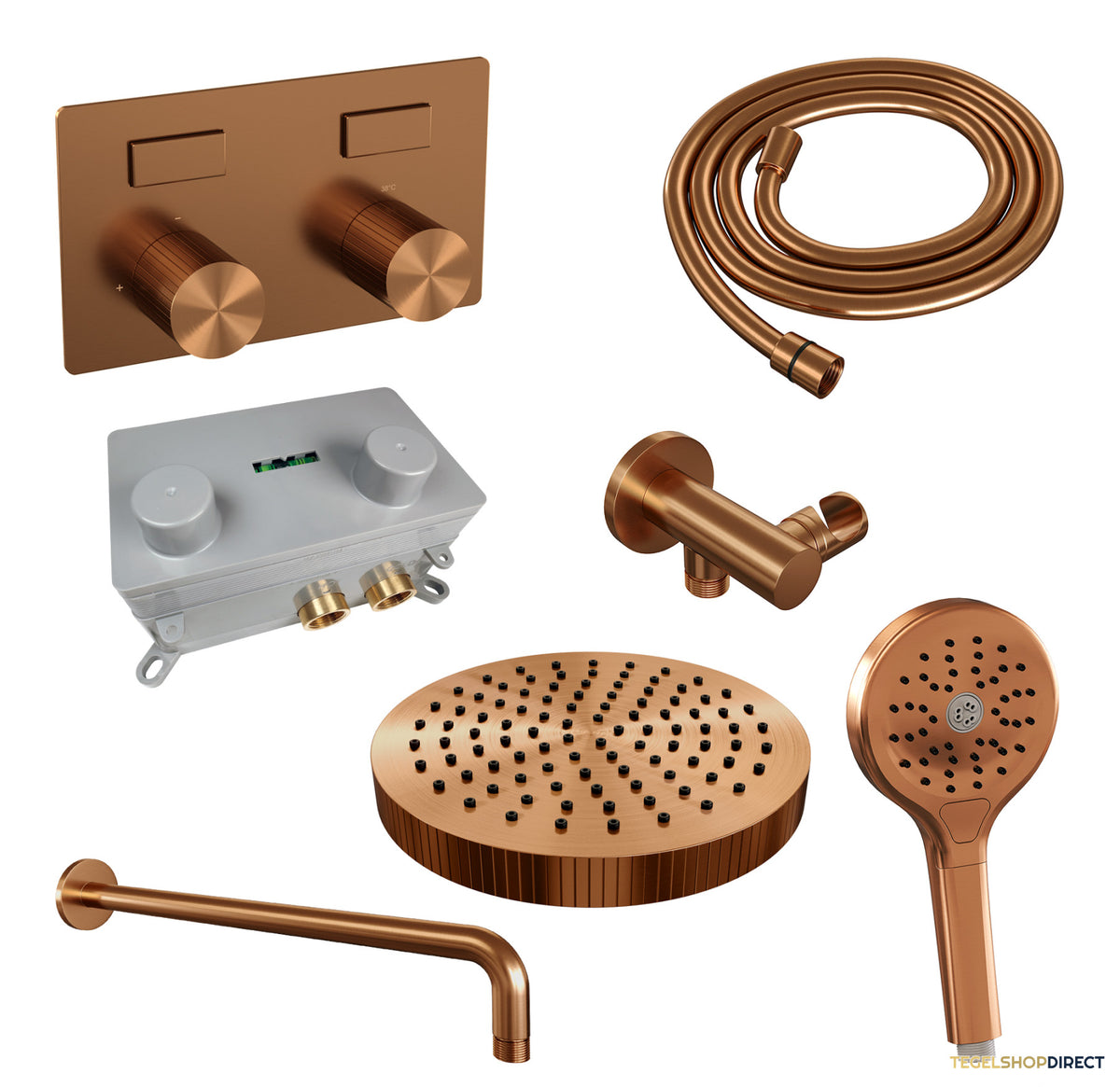 Brauer Stripe thermostatische inbouw regendouche met drukknoppen SET 29 met 25 cm douchekop en gebogen muurarm en 3-standen handdouche en doucheslang en wandaansluitbocht koper geborsteld PVD – afbeelding 3