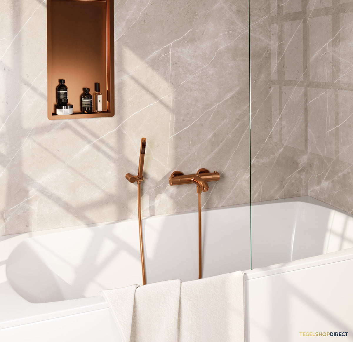 Brauer Stripe opbouw baddouche thermostaatkraan SET 03 met wandhouder en staaf handdouche en doucheslang koper geborsteld PVD