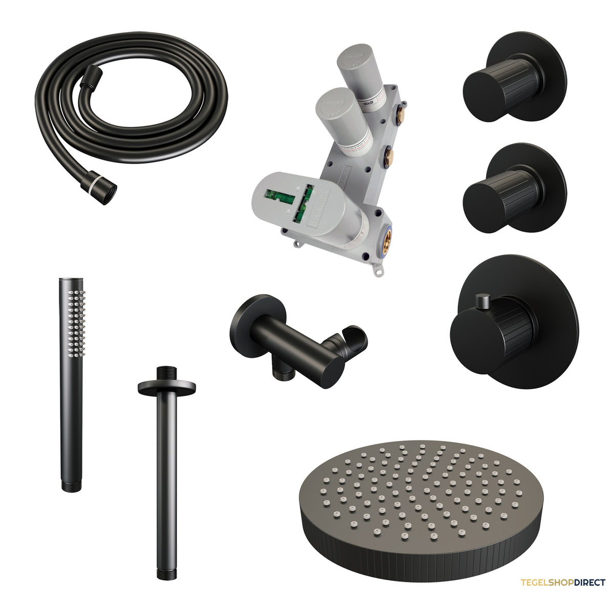 Brauer Stripe thermostatische inbouw regendouche SET 03 met 25 cm douchekop en plafondarm en staaf handdouche en doucheslang en wandaansluitbocht mat zwart – afbeelding 3
