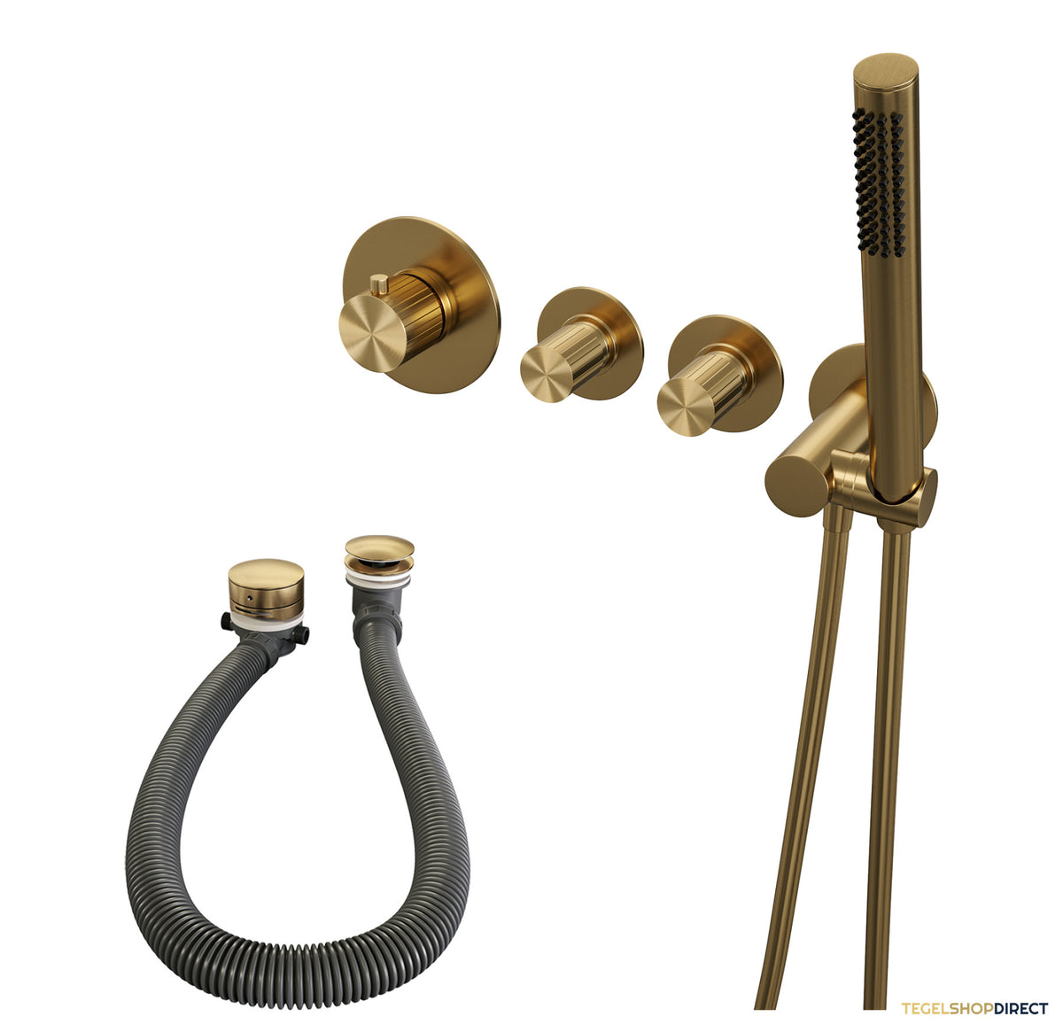 Brauer Stripe thermostatische inbouw badkraan SET 01 met badvulcombinatie en staaf handdouche en doucheslang en wandaansluitbocht goud geborsteld PVD – afbeelding 2