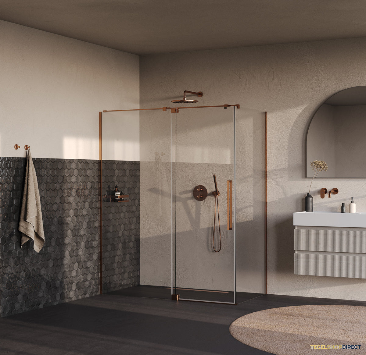 BRAUER Stellar douchecabine met draaideur helder glas 160x100x200 omkeerbaar incl. glascoating PVD koper geborsteld – afbeelding 2